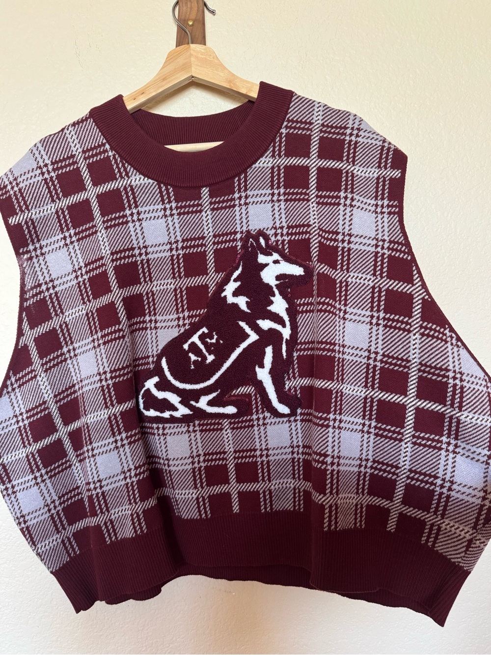Women's Burgundy Plaid Knit Sweater Vest with Husky Motif